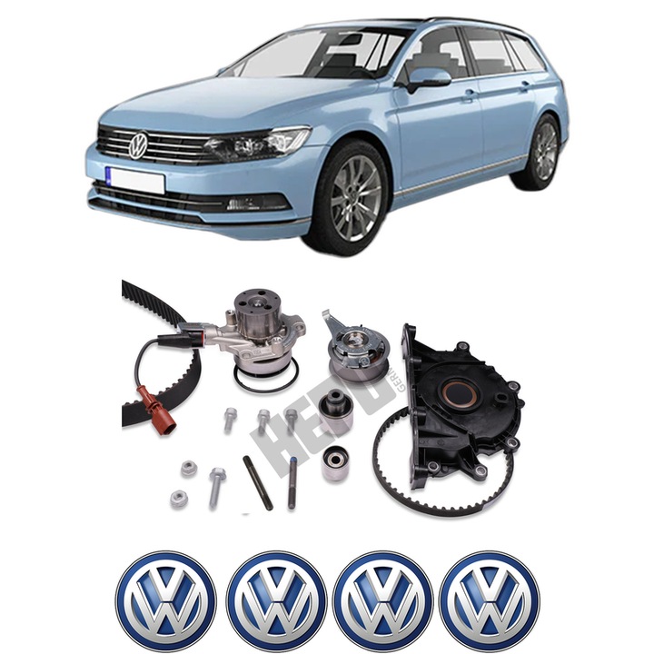 Set Kit de distributie curea intinzator pompa de apa Volkswagen PASSAT B8 Variant (3G5, CB5) 2.0 TDI2014-2024, KW 140 CP 190 CMC 1968, Auto, HEPU, 4x Stickere auto cu Volkswagen