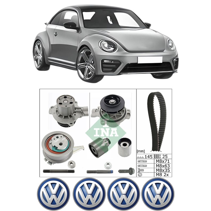 Set Kit de distributie curea intinzator pompa de apa Volkswagen BEETLE (5C1, 5C2) 2.0 TDI2014-2018, KW 110 CP 150 CMC 1968, Auto, INA, 4x Stickere auto cu Volkswagen