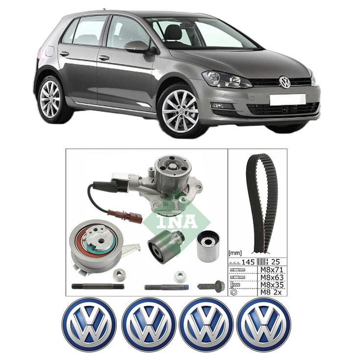 Set Kit de distributie curea intinzator pompa de apa Volkswagen GOLF VII (5G1, BQ1, BE1, BE2) 1.6 TDI 4motion2013-2017, KW 81 CP 110 CMC 1598, Auto, INA, 4x Stickere auto cu Volkswagen
