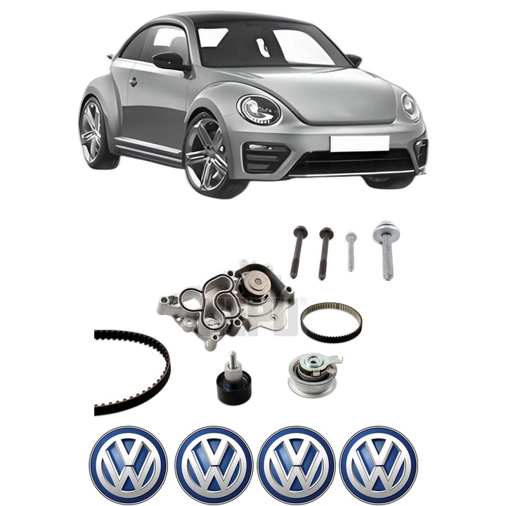 Set Kit de distributie curea intinzator pompa de apa Volkswagen BEETLE (5C1, 5C2) 1.4 TSI2014-2019, KW 110 CP 150 CMC 1395, Auto, HEPU, 4x Stickere auto cu Volkswagen