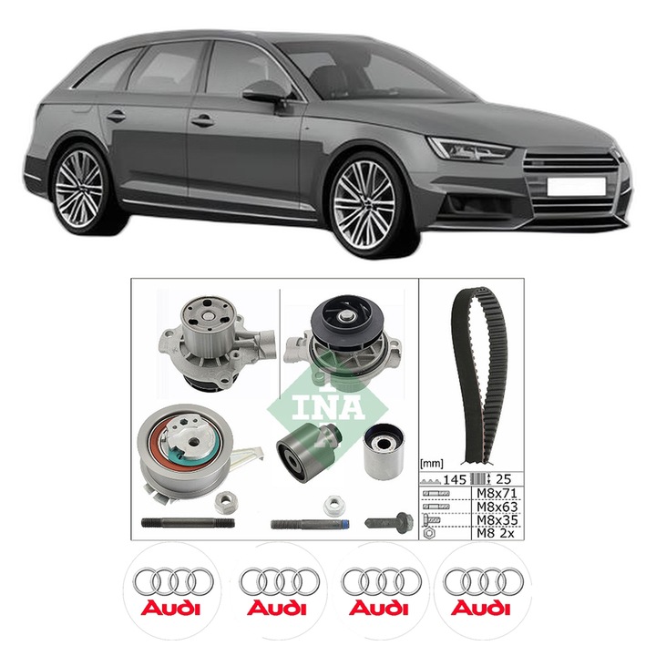 Set Kit de distributie curea intinzator pompa de apa AUDI A4 B9 Avant (8W5, 8WD) 2.0 TDI2015-2018, KW 110 CP 150 CMC 1968, Auto, INA, 4x Stickere auto cu AUDI
