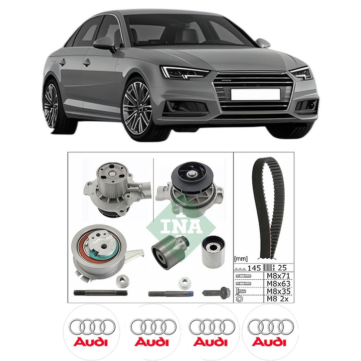 Set Kit de distributie curea intinzator pompa de apa AUDI A4 B9 (8W2, 8WC) 2.0 TDI quattro2015-2019, KW 140 CP 190 CMC 1968, Auto, INA, 4x Stickere auto cu AUDI