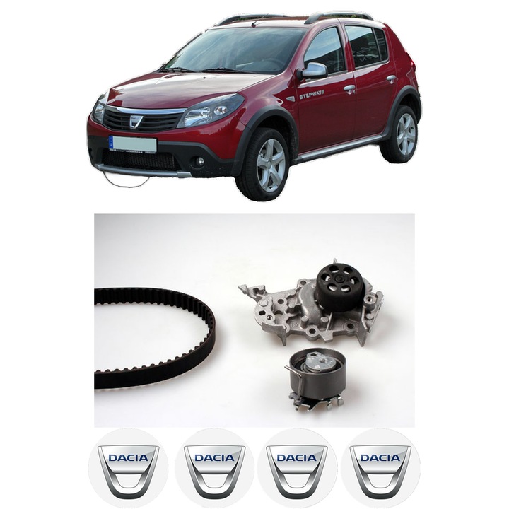 Set Kit de distributie curea intinzator pompa de apa DACIA SANDERO 1.2 16V LPG2008, KW 55 CP 75 CMC 1149, Auto, HEPU, 4x Stickere auto cu DACIA