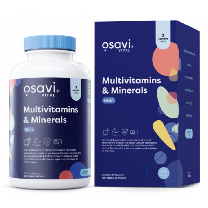 Multi-vitamine si minerale pentru barbati, OSAVI, 180 capsule vegane, cu extracte vegetale, fara gluten, fara lactoza