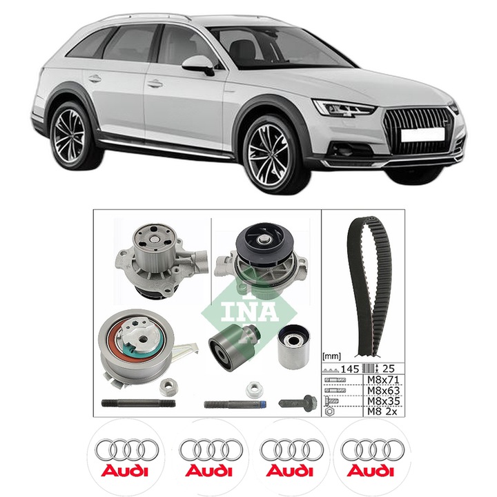 Set Kit de distributie curea intinzator pompa de apa AUDI A4 Allroad B9 (8WH, 8WJ) 2.0 TDI quattro2016, KW 140 CP 190 CMC 1968, Auto, INA, 4x Stickere auto cu AUDI