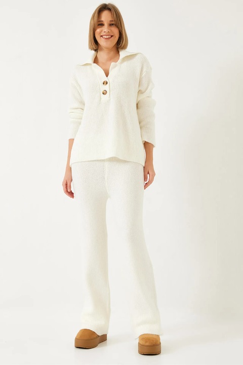 Costum dama, Bianco Lucci, set doua piese, talie inalta, croi larg, bej, tricot, S-M INTL