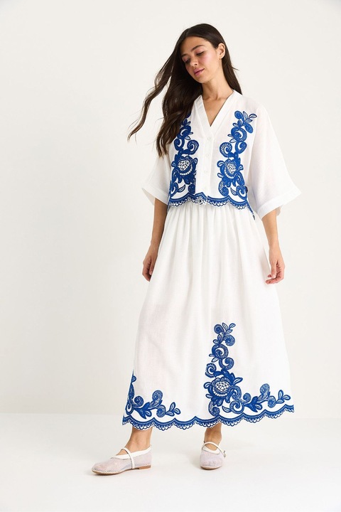 Set costume dama, HiCCUP, camasa supradimensionata, maneci 3/4, pantaloni largi, alb/albastru, textil