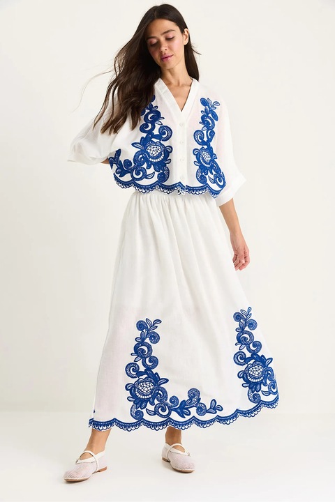 Compleu dama, Bianco Lucci, maneci 3/4 brodate, textil, L INTL