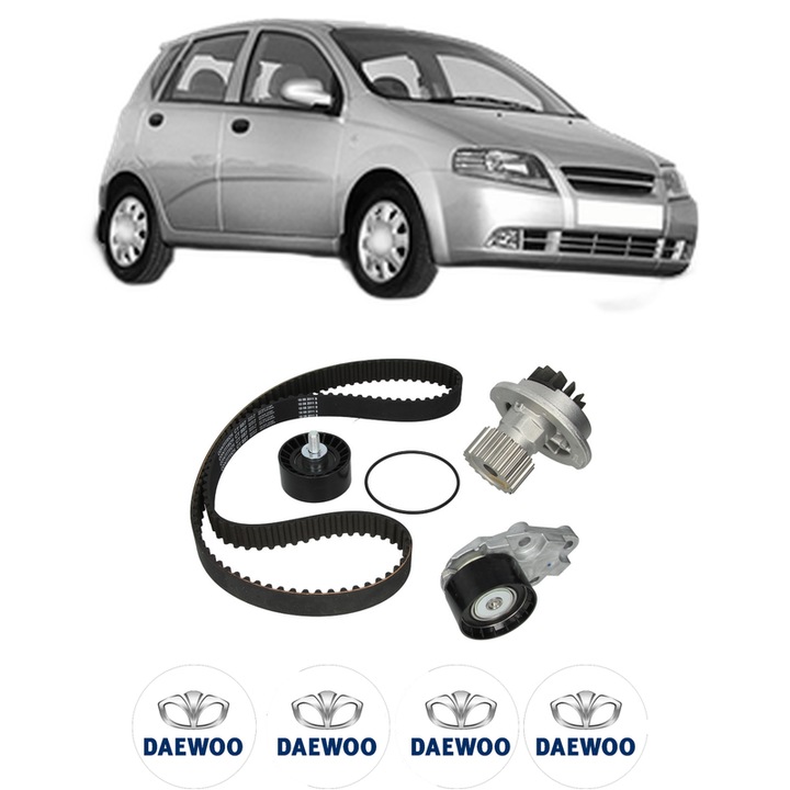 Set Kit de distributie curea intinzator pompa de apa DAEWOO KALOS (KLAS) 1.4 16V2003, KW 69 CP 94 CMC 1399, Auto, HEPU, 4x Stickere auto cu DAEWOO