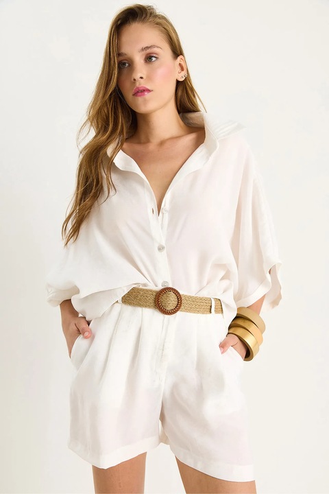 Set camasa si pantaloni scurti dama, Bianco Lucci, talie inalta, textil, cu nasturi, alb, S INTL