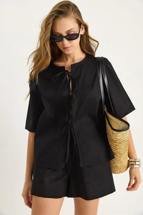 Costum dama, HiCCUP, bluza scurta supradimensionata, neagra, textil