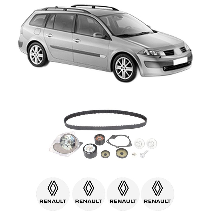 Set Kit de distributie curea intinzator pompa de apa RENAULT MEGANE II Estate (KM0/1_) 2.02003-2009, KW 99 CP 135 CMC 1998, Auto, HEPU, 4x Stickere auto cu RENAULT
