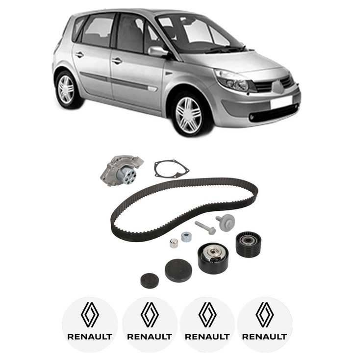 Set Kit de distributie curea intinzator pompa de apa RENAULT SCENIC II (JM0/1_) 2.0 (JM05, JM0U, JM1N, JM1U, JM2V)2003-2009, KW 99 CP 135 CMC 1998, Auto, INA, 4x Stickere auto cu RENAULT