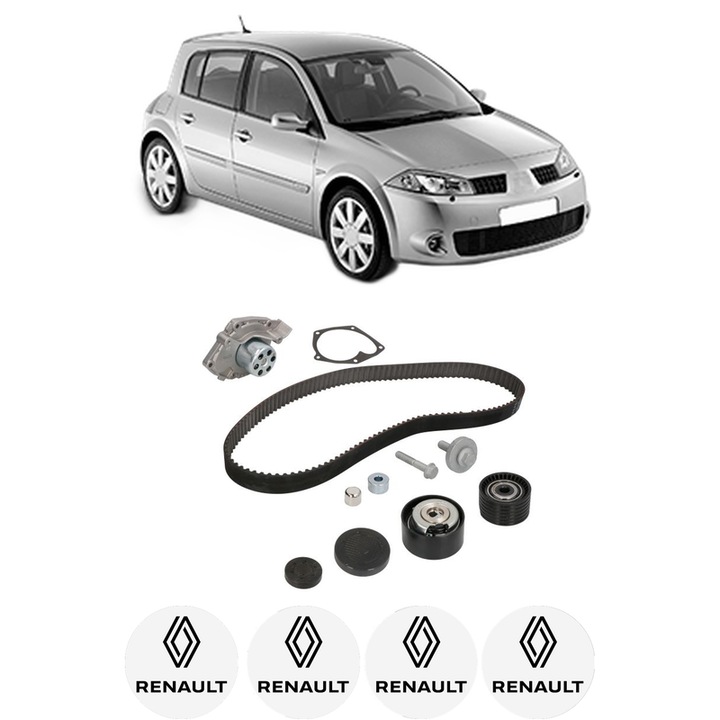Set Kit de distributie curea intinzator pompa de apa RENAULT MEGANE II (BM0/1_, CM0/1_) 2.02006-2008, KW 169 CP 230 CMC 1998, Auto, INA, 4x Stickere auto cu RENAULT