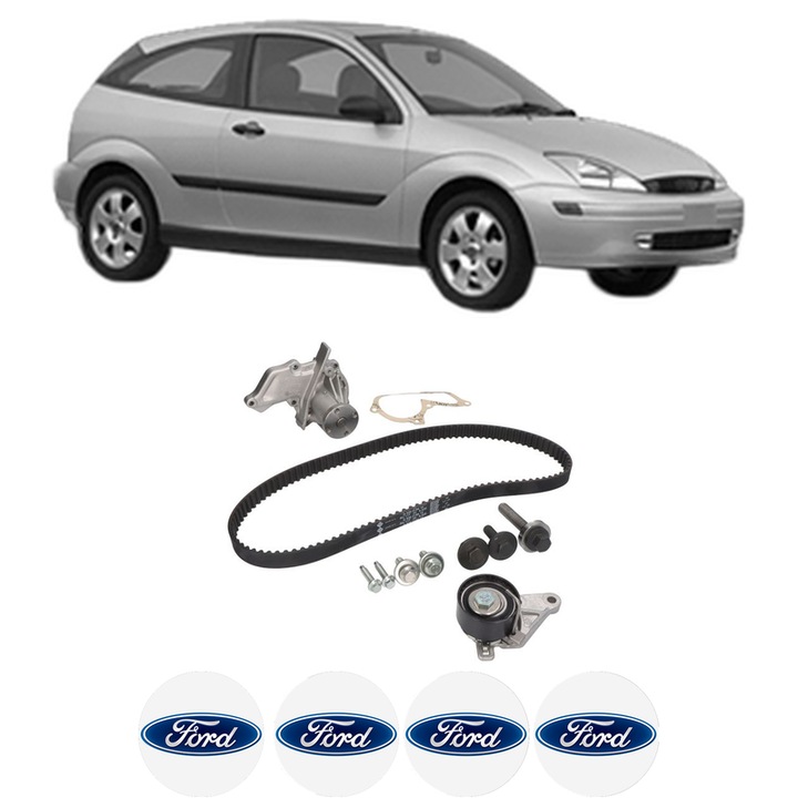 Set Kit de distributie curea intinzator pompa de apa FORD FOCUS I (DAW, DBW) 1.6 16V Flexifuel2002-2004, KW 75 CP 102 CMC 1596, Auto, INA, 4x Stickere auto cu FORD