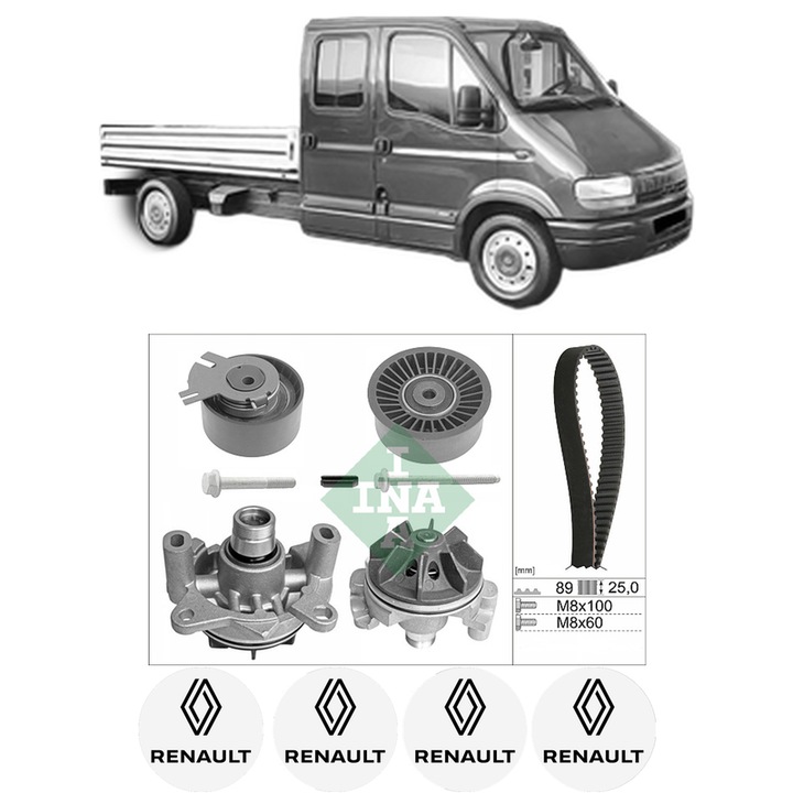 Set Kit de distributie curea intinzator pompa de apa RENAULT MASTER II Platform/Chassis (ED/HD/UD) 2.5 dCi 100 (ED4V, ED8V, ED0U, ED0V, ED8U, HD0U, HD0V,...2002-2010, KW 73 CP 99 CMC 2463, Auto, INA, 4x Stickere auto cu RENAULT