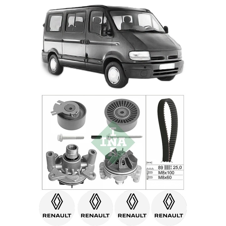 Set Kit de distributie curea intinzator pompa de apa RENAULT MASTER II Bus (JD) 2.5 dCi (JD01, JD02, JD11, JD12, JD1W)2006-2010, KW 88 CP 120 CMC 2463, Auto, INA, 4x Stickere auto cu RENAULT