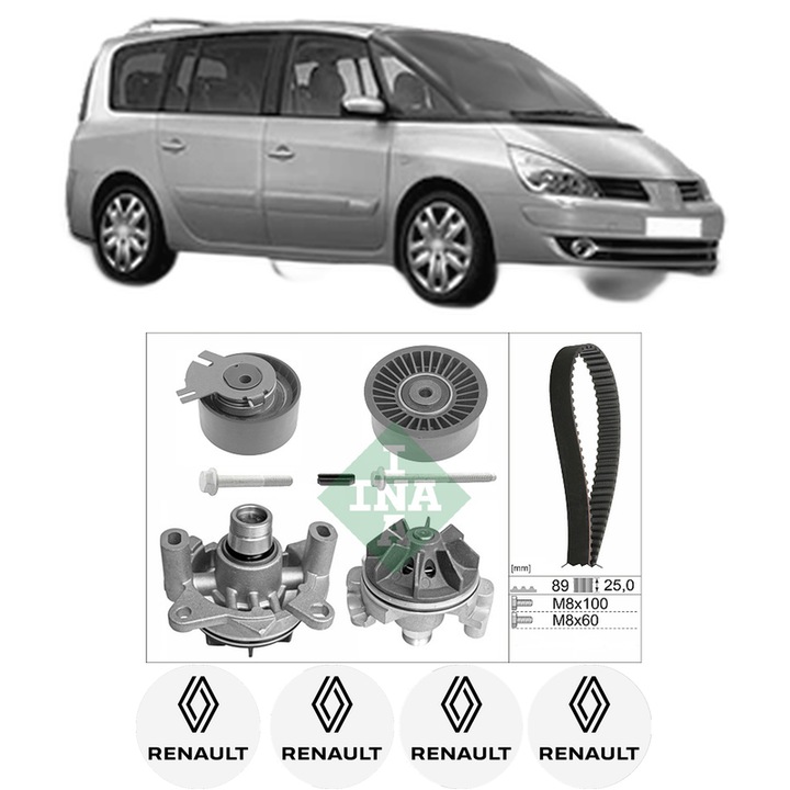 Set Kit de distributie curea intinzator pompa de apa RENAULT ESPACE IV (JK0/1_) 2.2 dCi (JK0H)2002-2006, KW 110 CP 150 CMC 2188, Auto, INA, 4x Stickere auto cu RENAULT