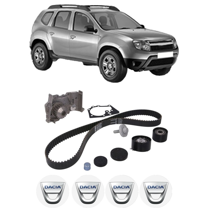 Set Kit de distributie curea intinzator pompa de apa DACIA DUSTER (HS_) 1.6 16V2010-2018, KW 77 CP 105 CMC 1598, Auto, INA, 4x Stickere auto cu DACIA
