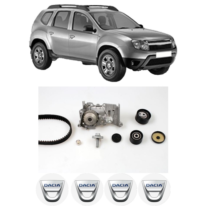 Set Kit de distributie curea intinzator pompa de apa DACIA DUSTER (HS_) 1.6 16V Hi-Flex2010-2018, KW 77 CP 105 CMC 1598, Auto, HEPU, 4x Stickere auto cu DACIA