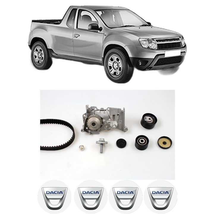 Set Kit de distributie curea intinzator pompa de apa DACIA LOGAN Pickup (US_) 1.6 16V (US1Y)2010-2013, KW 77 CP 105 CMC 1598, Auto, HEPU, 4x Stickere auto cu DACIA