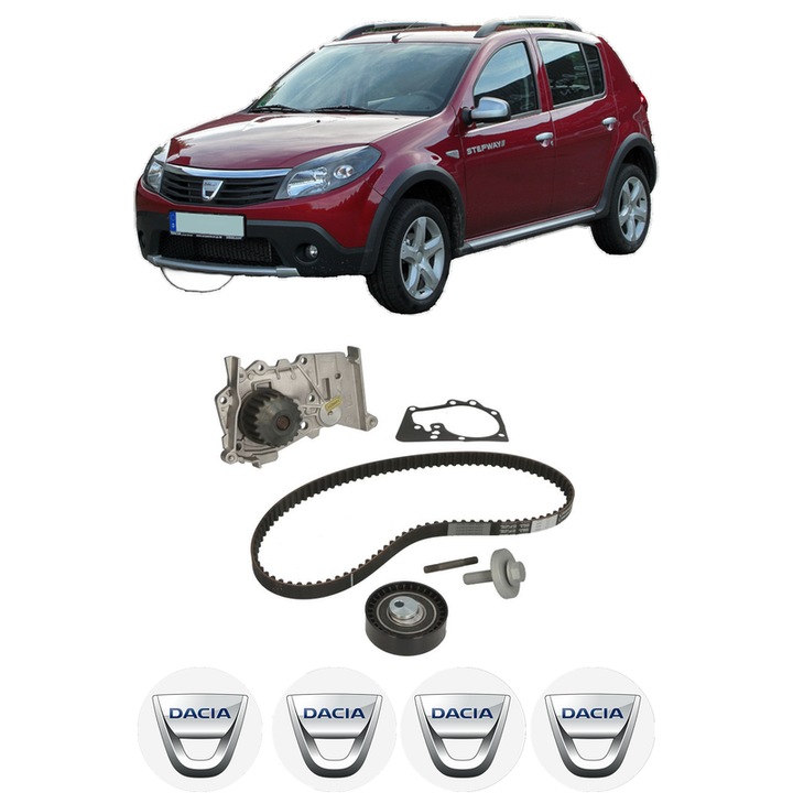 Set Kit de distributie curea intinzator pompa de apa DACIA SANDERO 1.4 MPI LPG2009, KW 53 CP 72 CMC 1390, Auto, HEPU, 4x Stickere auto cu DACIA
