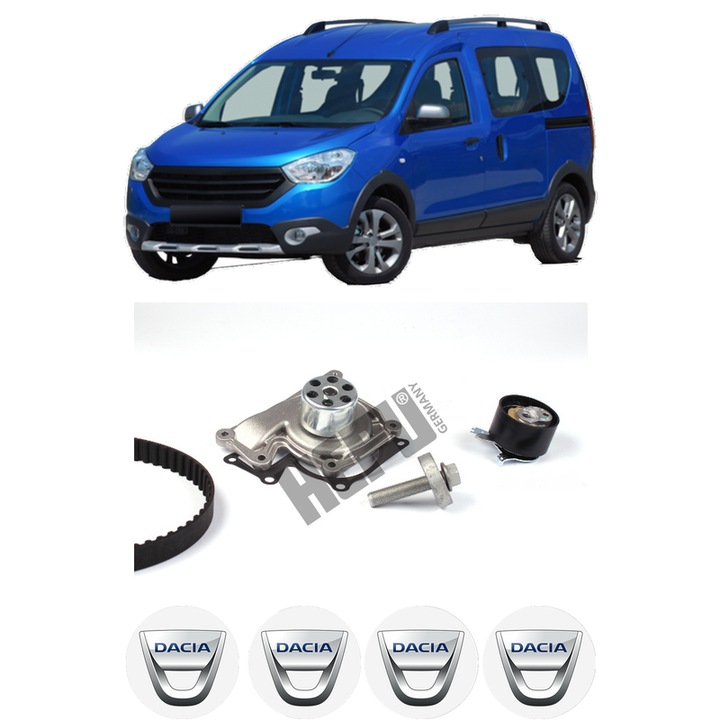 Set Kit de distributie curea intinzator pompa de apa DACIA DOKKER MPV (KE_) 1.5 dCi (KEAJ, KEAH)2012-2021, KW 66 CP 90 CMC 1461, Auto, HEPU, 4x Stickere auto cu DACIA