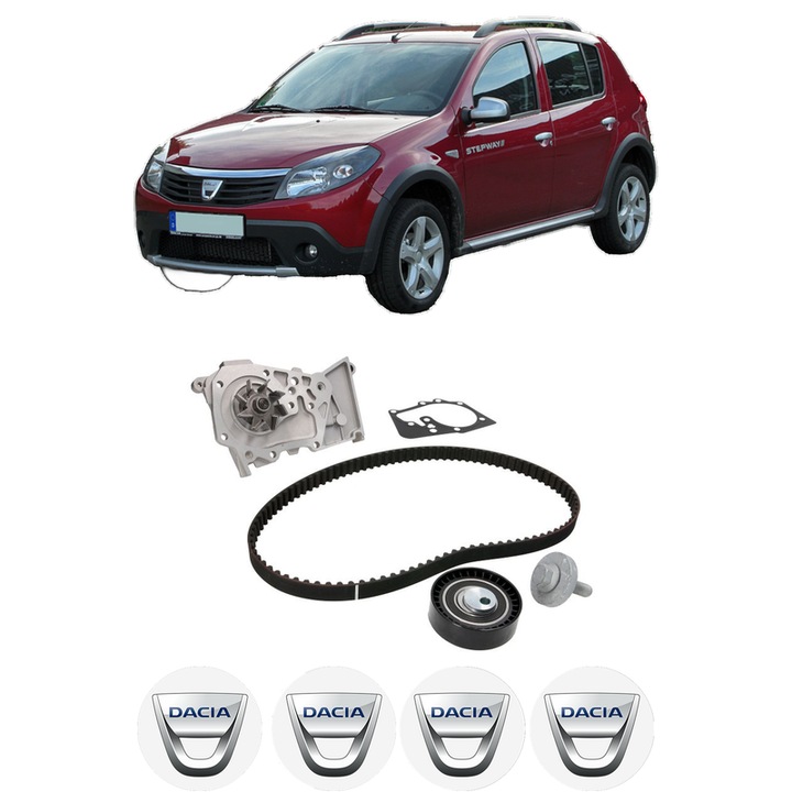 Set Kit de distributie curea intinzator pompa de apa DACIA SANDERO 1.4 MPI LPG2009, KW 53 CP 72 CMC 1390, Auto, INA, 4x Stickere auto cu DACIA