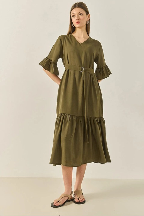 Rochie midi, HiCCUP LUCCI, croiala lejera, decolteu in V, kaki, viscoza