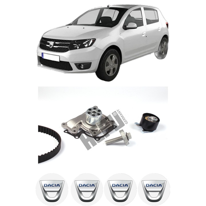 Set Kit de distributie curea intinzator pompa de apa DACIA SANDERO II 1.5 dCi 75 / Blue dCi 75 (B8JW, B8M4, B8AH, B8M7, B8M6)2012, KW 55 CP 75 CMC 1461, Auto, HEPU, 4x Stickere auto cu DACIA