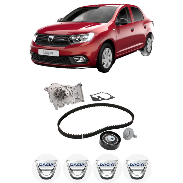 Set Kit de distributie curea intinzator pompa de apa DACIA LOGAN II 1.62013-2016, KW 63 CP 86 CMC 1598, Auto, INA, 4x Stickere auto cu DACIA