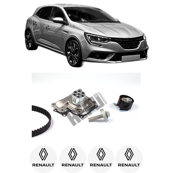 Set Kit de distributie curea intinzator pompa de apa RENAULT MEGANE IV Hatchback (B9A/M/N_) 1.5 Blue dCi 115 (B9A6)2018, KW 85 CP 116 CMC 1461, Auto, HEPU, 4x Stickere auto cu RENAULT