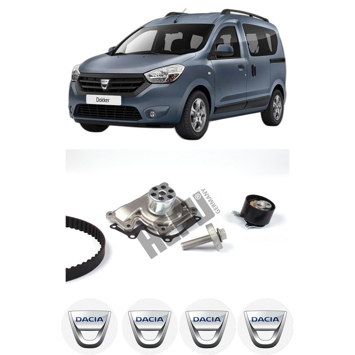 Set Kit de distributie curea intinzator pompa de apa DACIA DOKKER Box Body/MPV 1.5 dCi (FEAJ)2012-2021, KW 66 CP 90 CMC 1461, Auto, HEPU, 4x Stickere auto cu DACIA