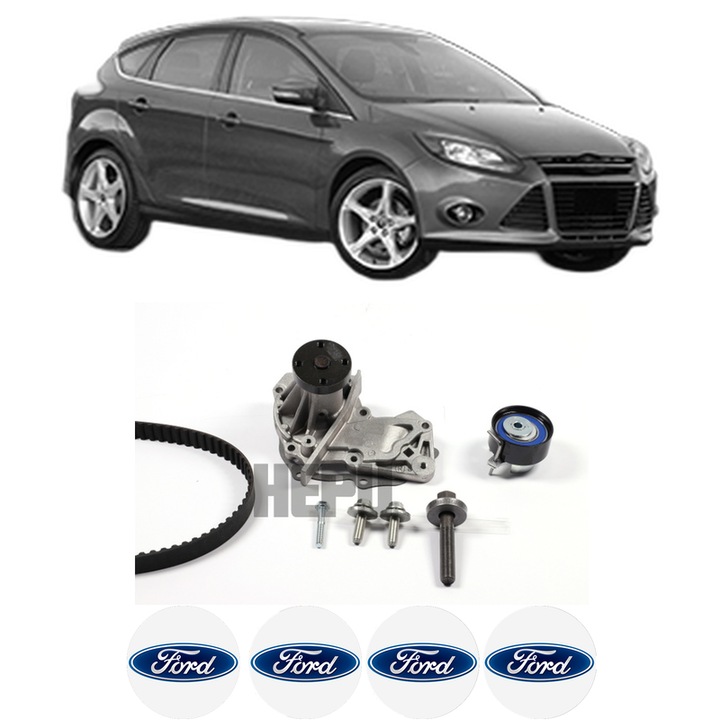 Set Kit de distributie curea intinzator pompa de apa FORD FOCUS III 1.6 Ti2010-2020, KW 77 CP 105 CMC 1596, Auto, HEPU, 4x Stickere auto cu FORD