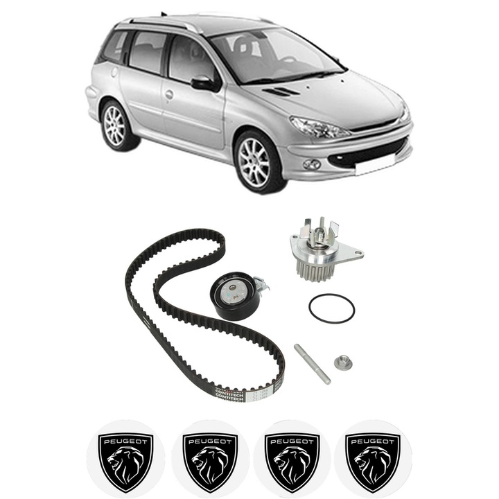 Set Kit de distributie curea intinzator pompa de apa PEUGEOT 206 SW (2E/K) 1.42002-2007, KW 55 CP 75 CMC 1360, Auto, HEPU, 4x Stickere auto cu PEUGEOT