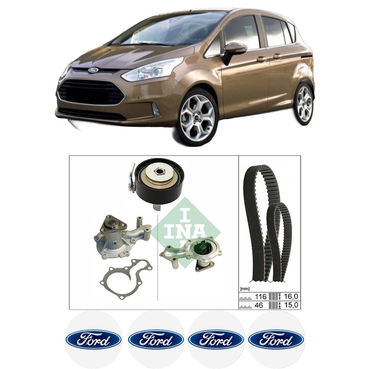 Set Kit de distributie curea intinzator pompa de apa FORD B-MAX (JK) 1.0 EcoBoost2012, KW 88 CP 120 CMC 998, Auto, INA, 4x Stickere auto cu FORD