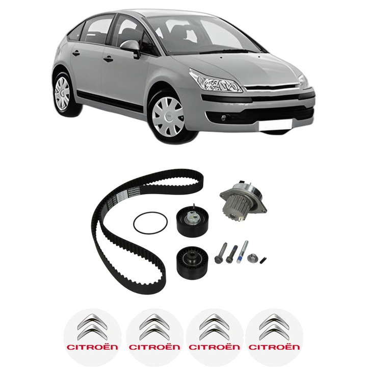 Set Kit de distributie curea intinzator pompa de apa CITROEN C4 I (LC_) 1.6 16V Bio-Flex2007-2008, KW 80 CP 109 CMC 1587, Auto, HEPU, 4x Stickere auto cu CITROEN