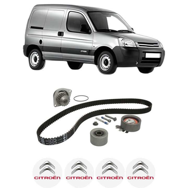 Set Kit de distributie curea intinzator pompa de apa CITROEN BERLINGO / BERLINGO FIRST Box Body/MPV (M_) 1.6 16V (MBNFU)2000-2008, KW 80 CP 109 CMC 1587, Auto, INA, 4x Stickere auto cu CITROEN