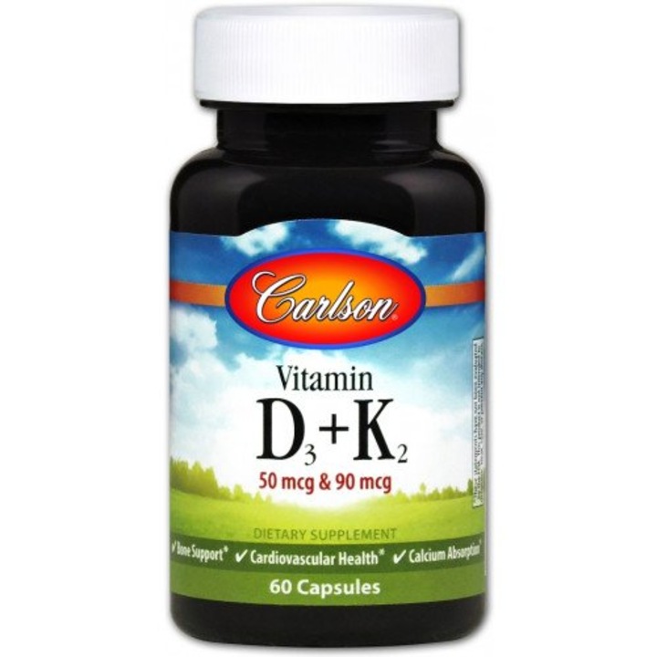 Vitamina D3 + K2, Carlson Labs, 2000 IU, 90 mcg, 60 capsule