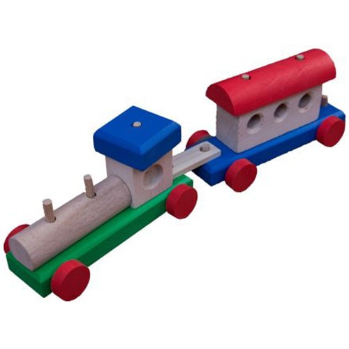 Trenulet din lemn cu locomotiva si un vagon multicolor