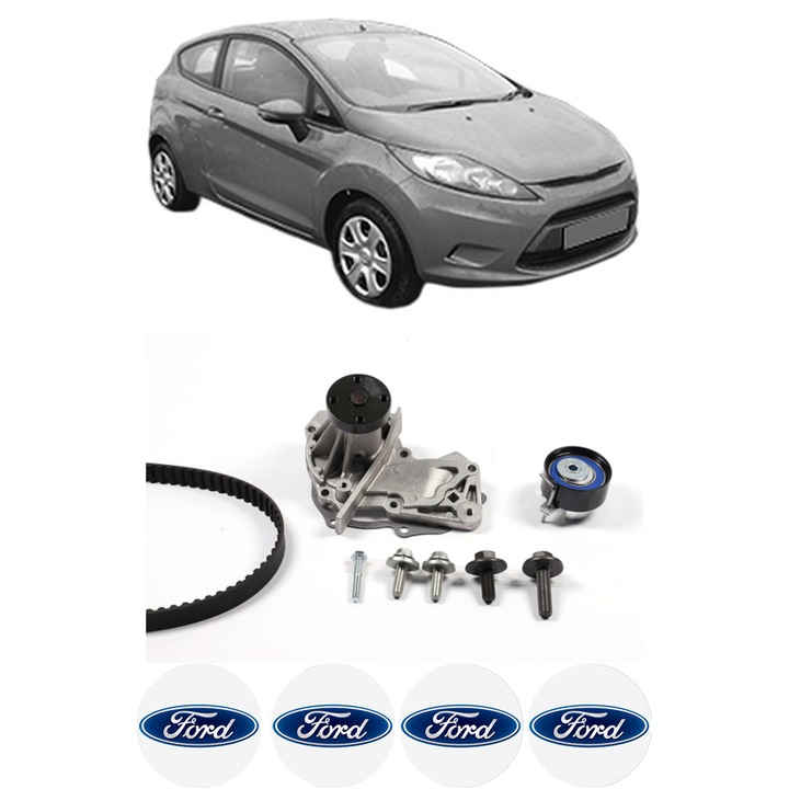 Set Kit de distributie curea intinzator pompa de apa FORD FIESTA VI (CB1, CCN) 1.252008-2017, KW 44 CP 60 CMC 1242, Auto, HEPU, 4x Stickere auto cu FORD