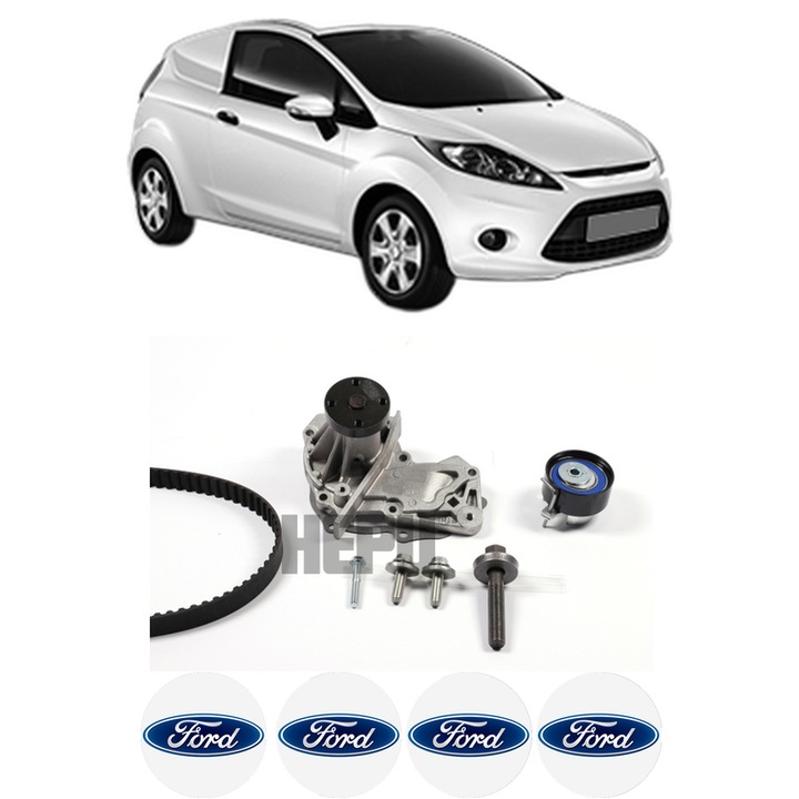Set Kit de distributie curea intinzator pompa de apa FORD FIESTA VI Van 1.252008-2012, KW 44 CP 60 CMC 1242, Auto, HEPU, 4x Stickere auto cu FORD
