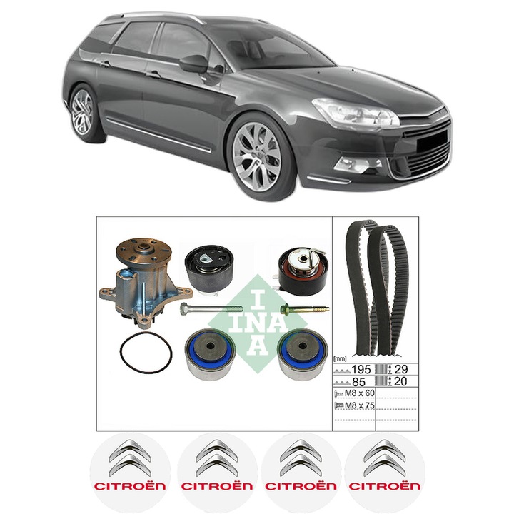 Set Kit de distributie curea intinzator pompa de apa CITROEN C5 III Break (RW_) 2.7 HDi2008-2009, KW 150 CP 204 CMC 2720, Auto, INA, 4x Stickere auto cu CITROEN