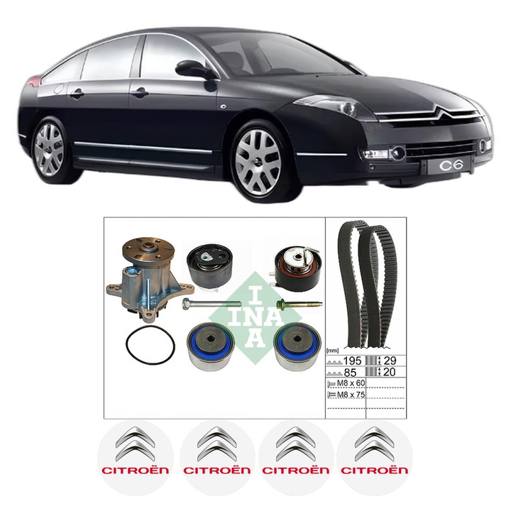 Set Kit de distributie curea intinzator pompa de apa CITROEN C6 (TD_) 2.7 HDi2005-2011, KW 150 CP 204 CMC 2720, Auto, INA, 4x Stickere auto cu CITROEN
