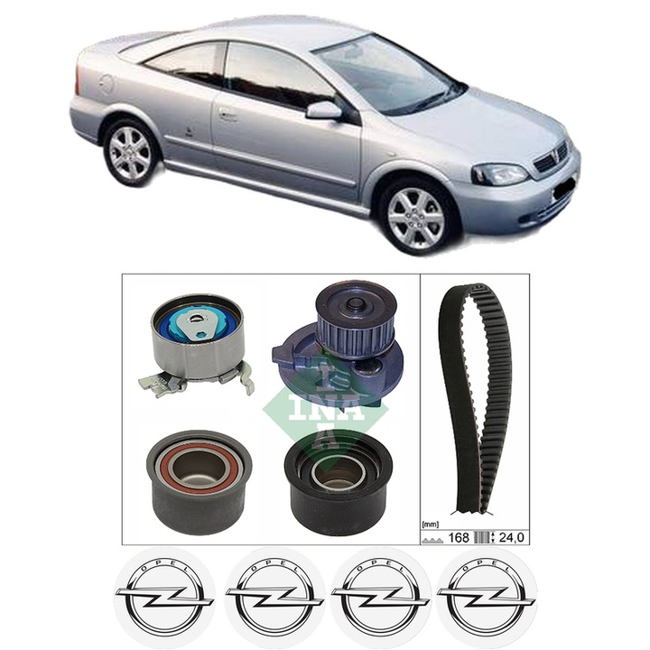 Set Kit de distributie curea intinzator pompa de apa OPEL ASTRA G Coupe (T98) 2.0 16V Turbo (F07)2001-2005, KW 141 CP 192 CMC 1998, Auto, INA, 4x Stickere auto cu OPEL