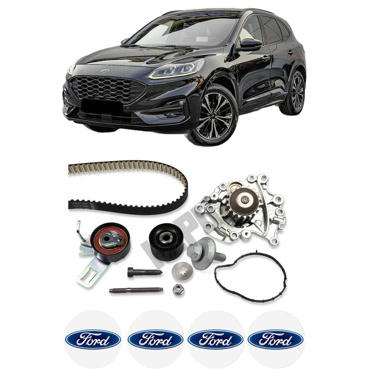 Set Kit de distributie curea intinzator pompa de apa FORD KUGA III (DFK) 1.5 EcoBlue2019, KW 88 CP 120 CMC 1499, Auto, HEPU, 4x Stickere auto cu FORD