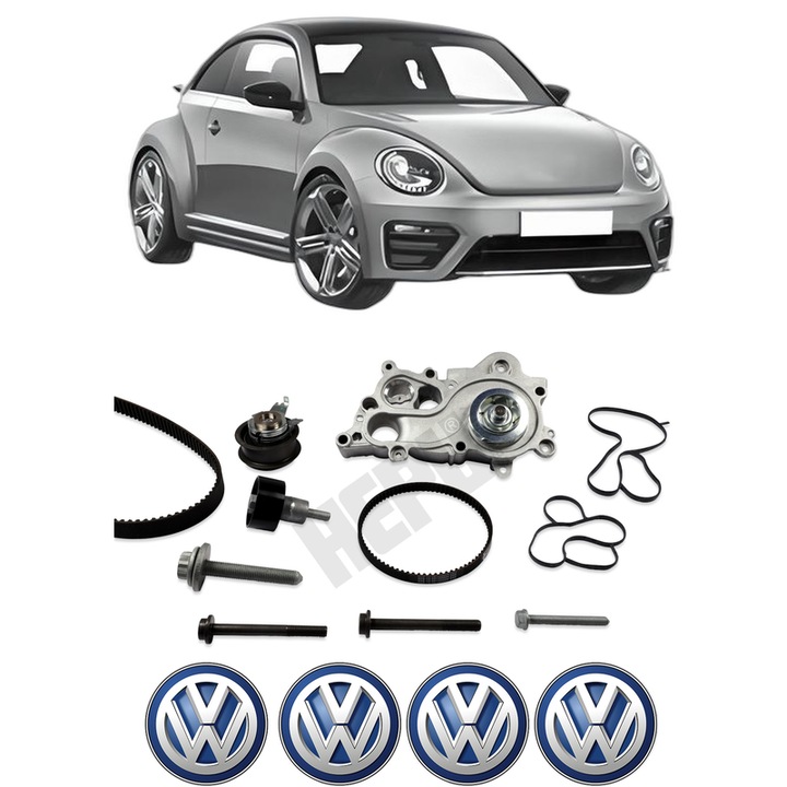 Set Kit de distributie curea intinzator pompa de apa Volkswagen BEETLE (5C1, 5C2) 1.4 TSI2014-2019, KW 110 CP 150 CMC 1395, Auto, HEPU, 4x Stickere auto cu Volkswagen