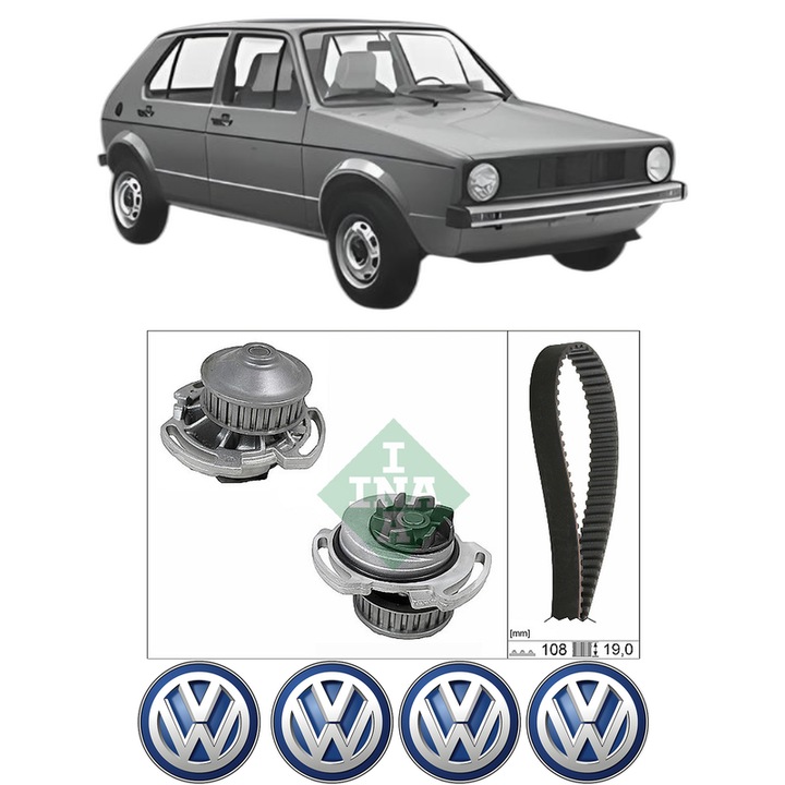 Set Kit de distributie curea pompa de apa Volkswagen GOLF I (17) 1.31979-1983, KW 44 CP 60 CMC 1272, Auto, INA, 4x Stickere auto cu Volkswagen