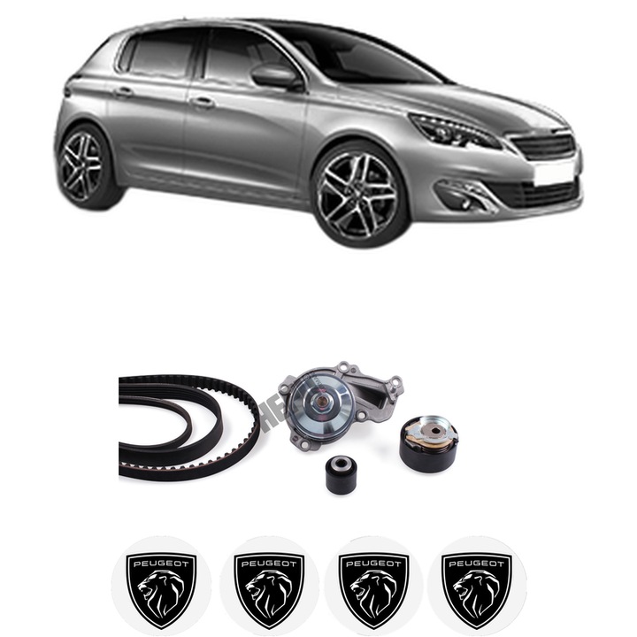 Set Kit de distributie curea intinzator pompa de apa PEUGEOT 308 II (LB_, LP_, LW_, LH_, L3_) 1.2 VTi 722013-2021, KW 60 CP 82 CMC 1199, Auto, HEPU, 4x Stickere auto cu PEUGEOT
