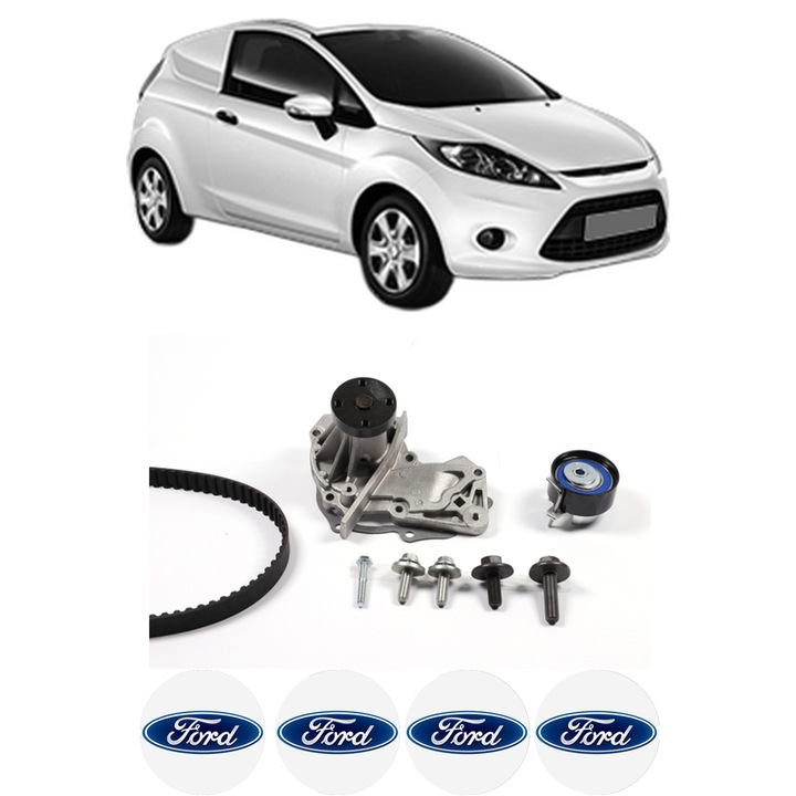 Set Kit de distributie curea intinzator pompa de apa FORD FIESTA VI Van 1.252008-2012, KW 44 CP 60 CMC 1242, Auto, HEPU, 4x Stickere auto cu FORD